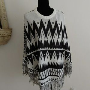 De Rothschild poncho black/white fringed edge